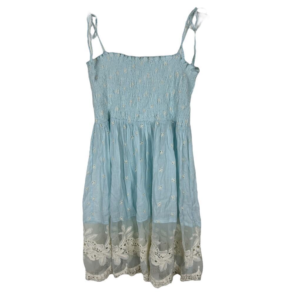 Antica Sartoria Baby Blue Shirred Tie Shoulder Daisy Lace Trim Sundress OSFM